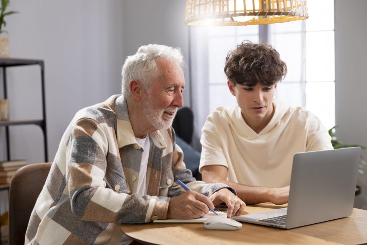 giovane che aiuta persona anziana al computer